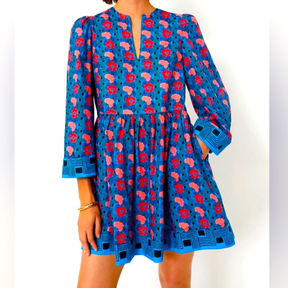 NEW Tuckernuck NYAP-12-D606-Blue and Red Izzy Dress Retro Floral Size Medium